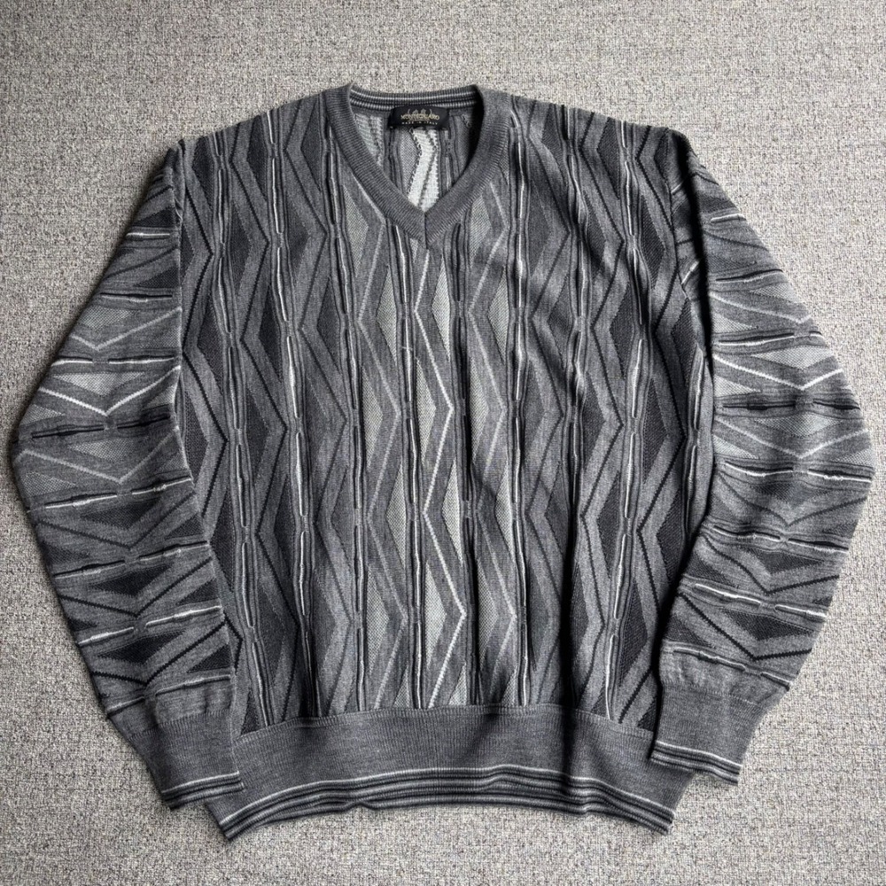 Montechiaro Sweater Mens M Grey 3D Textured Geometric V-Neck Merino Wool Italy